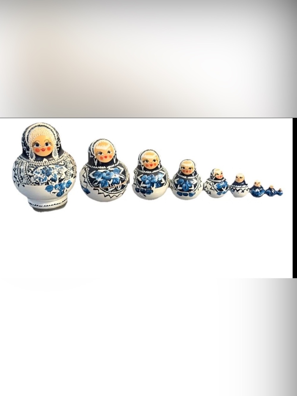 Russian Matroyshika Nesting Dolls - Blue and White Set of 9 Hand Painted Signed